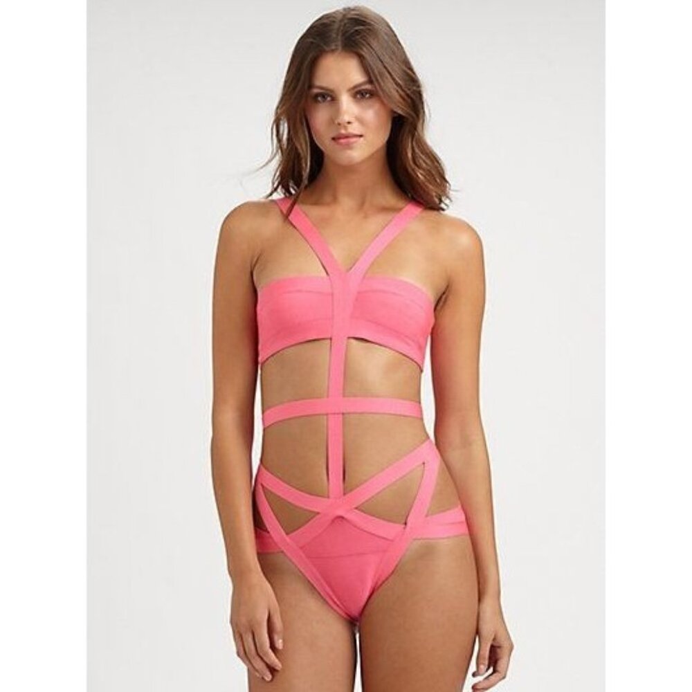 Herve Leger Neon Pink Tamara Bandage One Piece Swimsuit NWT! $740, Size XS